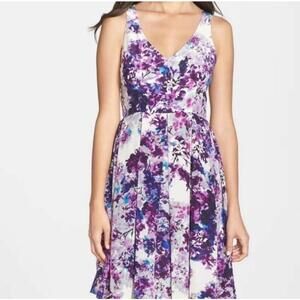 Kaya & Sloane V-Neck Floral Print Pleat Fit & Flare Dress Size Large